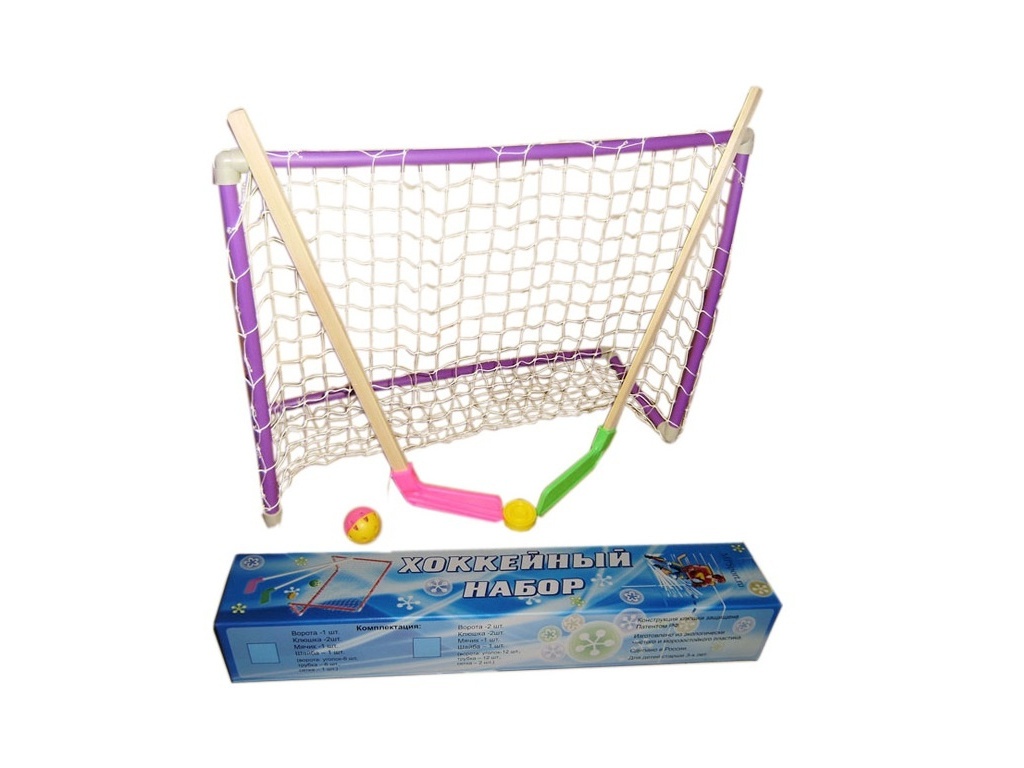Хоккейный набор (2клюшки+2ворот с сеткой+шайба+мячик) в коробке :(05-22):