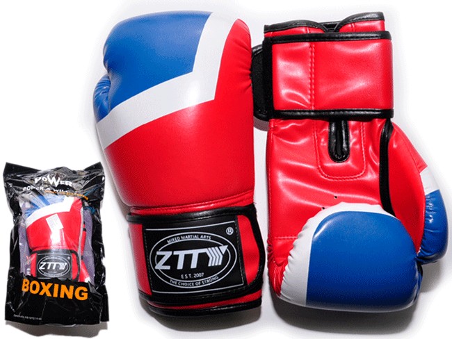 Перчатки боксёрские 12 oz: ZTQ-201-К Цвет - красный с синими и белыми вставками.