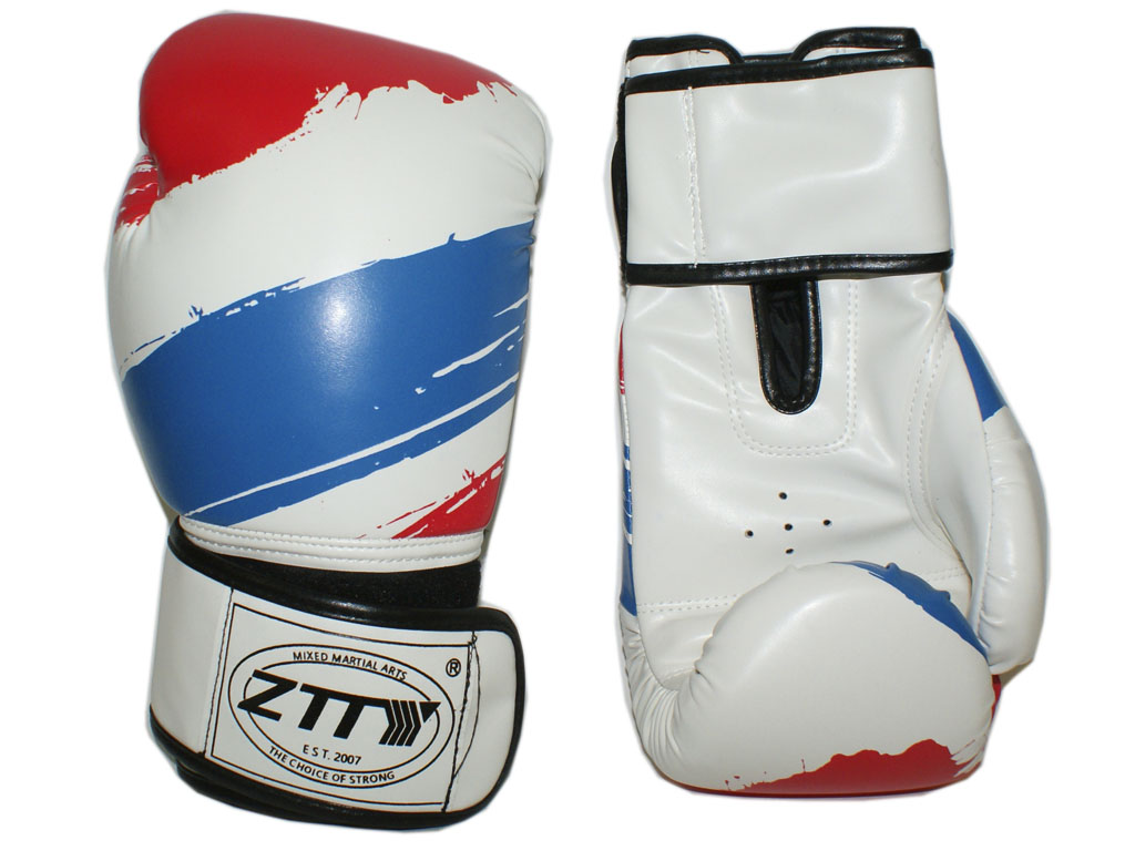 Перчатки боксёрские 8 oz: ZTTY-3G-8-Б Цвет - белый с синими и красными вставками.