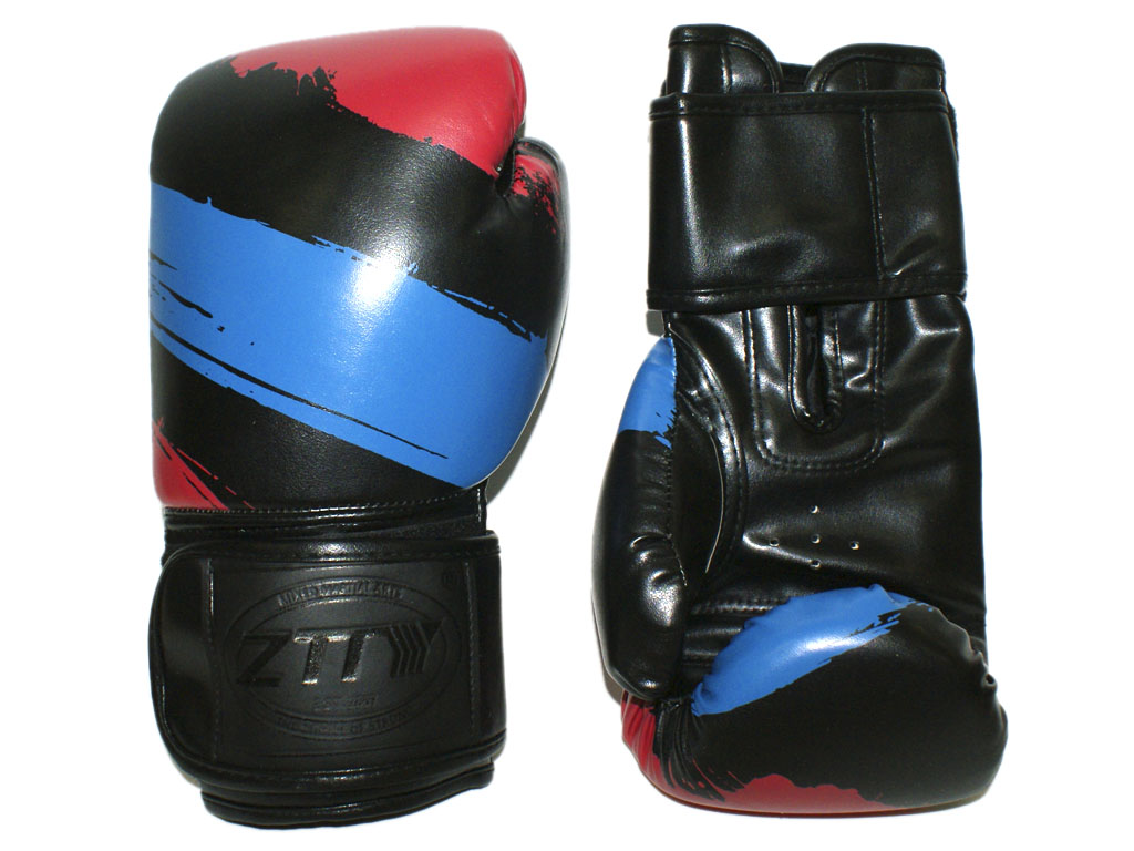 Перчатки боксёрские 8 oz: ZTTY-3G-8-Ч Цвет - чёрный с синими и красными вставками.